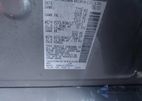 2015 Nissan Rogue S z USA, uszkodzony, nr VIN 5N1AT2MK5FC844508